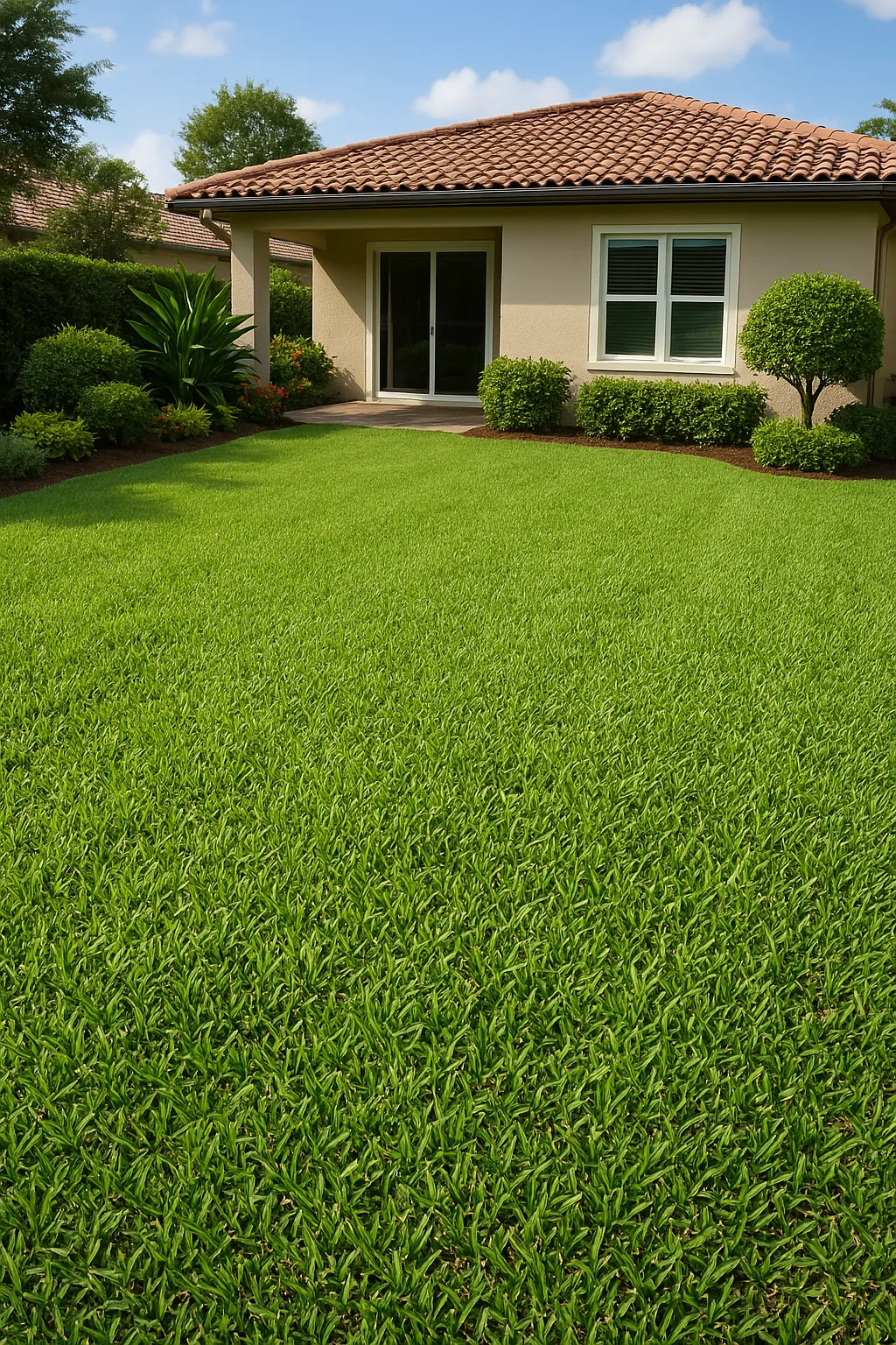 Jardim residencial com grama Esmeralda — tapete fino, denso e ornamental